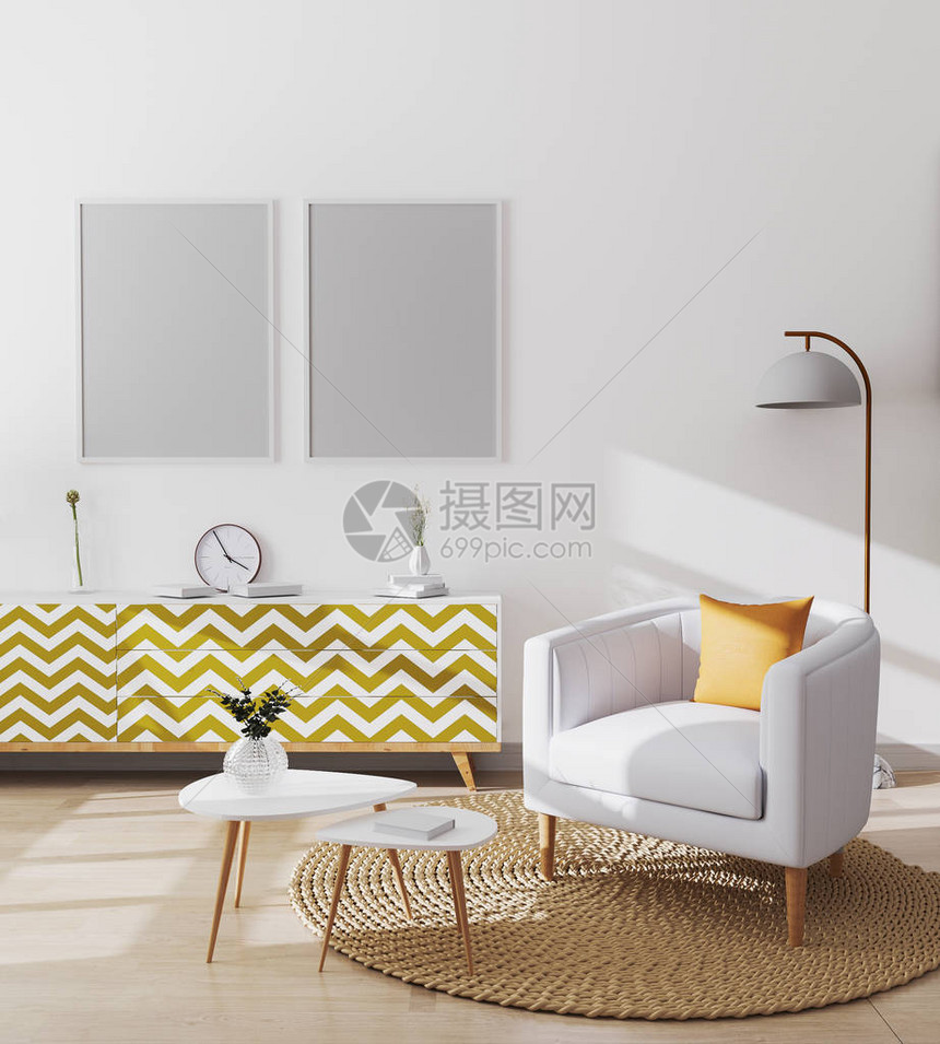 现代公寓时尚的斯堪的纳维亚客厅内部的空白海报框配有白色扶手椅和黄色枕头咖啡桌和橱柜客厅模型图片
