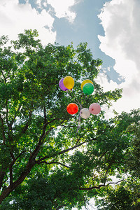 五颜六色的气球在白天飞向天空图片