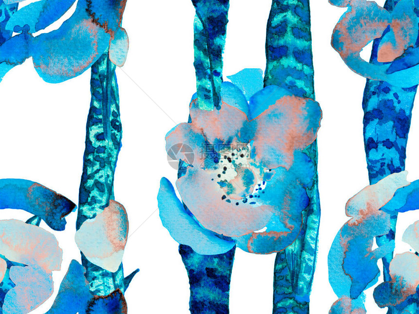 夏季花卉背景植物森林插图经典的蓝色和靛蓝复古生态融洽水彩叶无缝图案异国情调的泳装设计图片