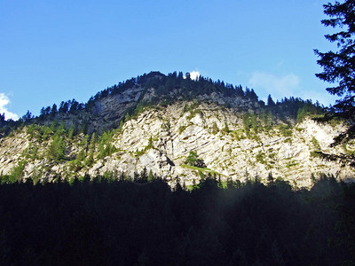 Saminatal山谷和列支敦士登阿尔卑斯山的陡峭悬崖Steg图片