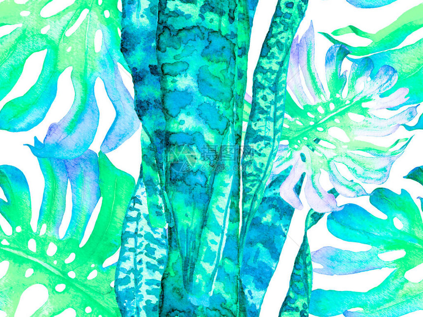 复古生态报告夏季花卉背景植物森林插图经典的蓝色和靛蓝异国情调泳装设计夏威夷水彩画水图片