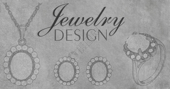 珠宝设计用灰色背景上的宝石绘制项链和戒指的铅笔画背景与手绘钻石戒指创意和广背景图片