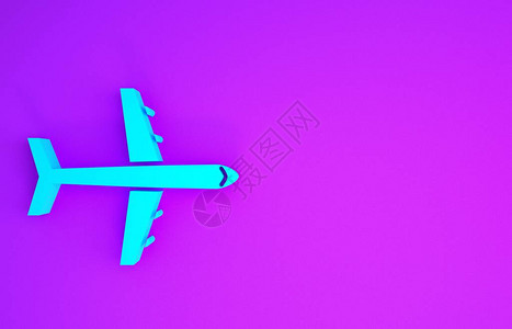 在紫色背景上隔离的蓝色平面图标飞行机图标客机标志极简主义概念3d插图图片