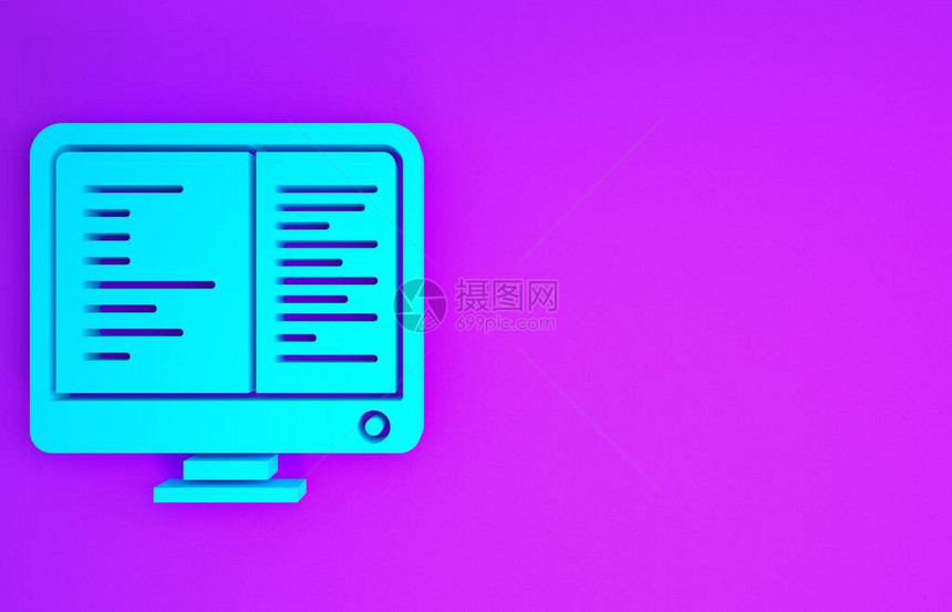蓝色计算机显示器屏幕图标隔离在紫色背景上电子设备正视图极简主义概念3d插图图片