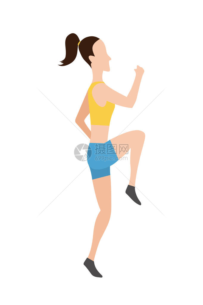 平面设计风格的跳跃女Jpeg插图运动积极健身运动和运动员各种运动作平面卡通风格侧面图图片