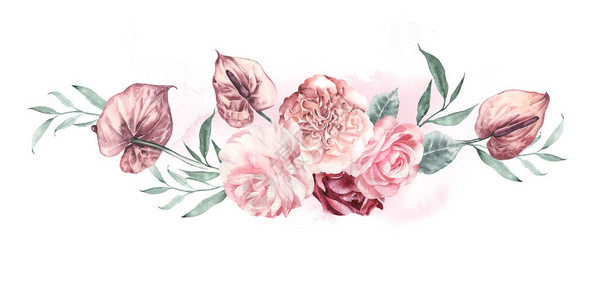 花卉布置热带花卉红掌和精致桃色绿松石叶和树枝的花园玫瑰水彩插图婚礼设计背景图片