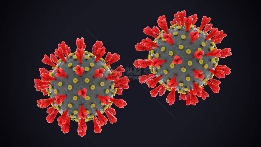 在人体受上附着红色蛋白质溢出的新科罗纳3D型感染微生物在深蓝背景下形成Covid1图片