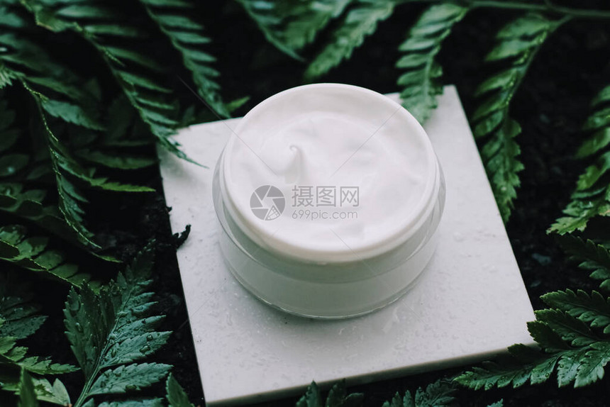 绿色花园中的面霜润湿剂罐天然草药护肤化妆品和有机防肥产品图片