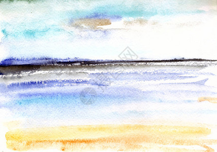 水彩抽象风景海岸黄沙蓝天碧海背景图片