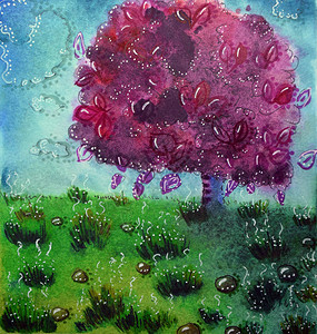 开花的樱桃树胡同春天的风景水彩手绘插图图片