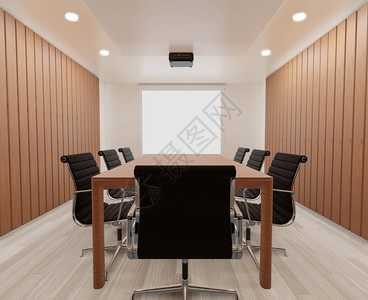 3D会议室配有椅子木桌地毯遮图片