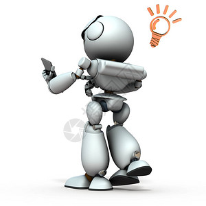 一个操作智能手机的器人后视白色背背景图片
