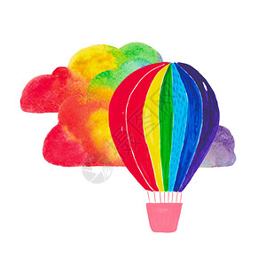 热气球云的水彩插图手绘剪贴画彩虹色复古设计背景图片