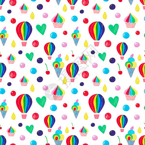 无缝图案水彩插图热气球云冰淇淋蛋糕樱桃气球儿童假期模式手绘剪贴画彩虹色复古背景图片