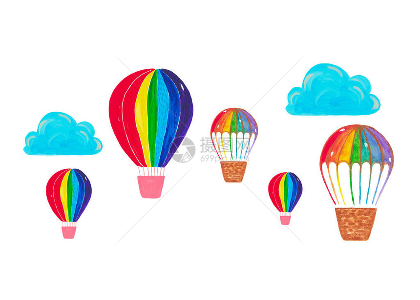 热气球云的水彩插图手绘剪贴画彩虹色复古设计图片