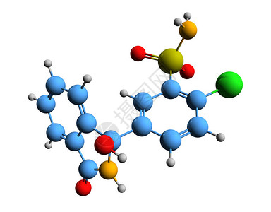 药效学氯噻酮骨架式的3D图像在白色背景下分离的利尿药物氯噻酮的背景