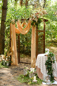 绿色花园中令人惊叹的装饰婚礼祭坛图片