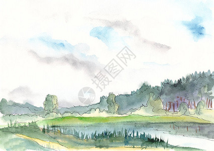白纸上以湖泊和森林为背景的水彩色素描图片