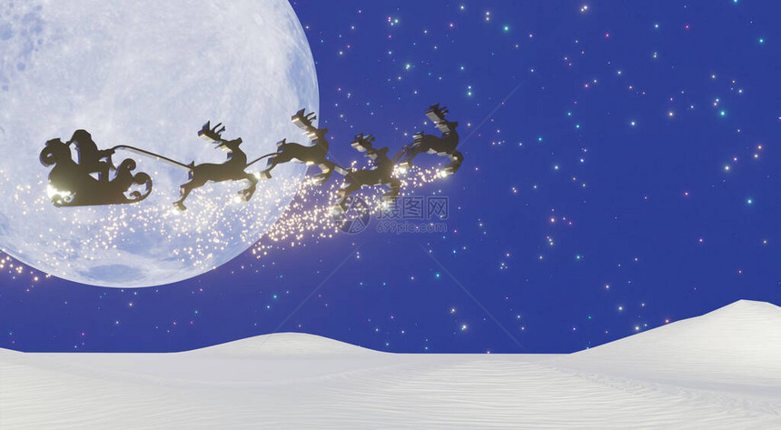 剪影圣诞老人和驯鹿与魔法闪耀在深蓝色的天空中飞翔图片