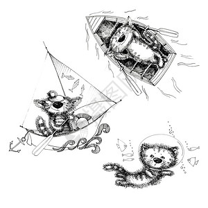 一套在海上在船上和水下的卡通猫卡通猫的线绘图白色背景上的图片
