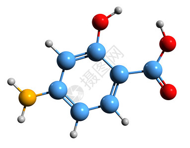 药效学4氨基水杨酸骨架式的3D图像在白色背景下分离的PAS的背景