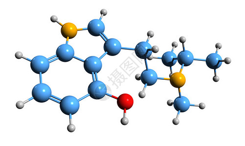 4HOMiPT骨架式的3D图像米普罗星的分子化学结构在白图片