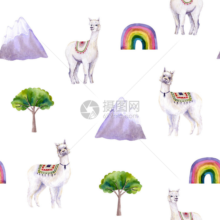水彩羊驼山树彩虹的无缝图案彩色插图上白色孤立手绘模板非常适合儿童壁纸设计织物纺织品图片