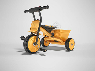 3D使橙色儿童三轮车在灰色背景和阴影下图片