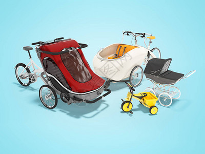 3D为蓝背景和影子儿童提供一套带婴儿车的成人自行图片