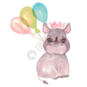 不要哭皇冠会掉可爱的小犀牛的水彩插图皇冠弓气球中的节日用于邀请卡婴儿送礼会托儿所墙壁艺背景