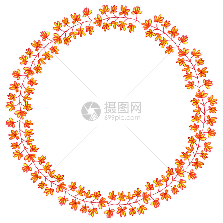 优雅的圆形框架花环花环或手绘秋树枝叶边框橙色的叶子里面的铭文自然的装饰元素明信片图片
