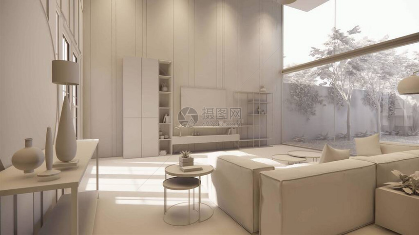 3d渲染室内现代开放式生活空间与厨房阁楼式复公寓住宅家居装饰图片