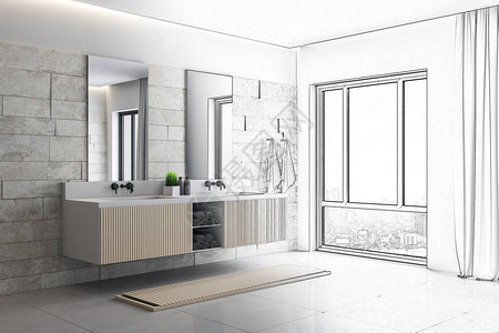 Drwing现代阁楼浴室内部配有镜子和舒适的浴缸风格和卫生概念图片