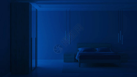 现代卧室内有蓝色墙壁晚上夜光照图片