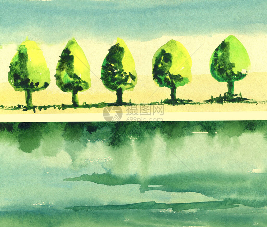 树木和河流的水彩色景观背图片