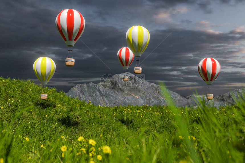飞热气球飞越草地3D投影图片
