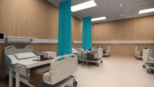 3d渲染室内医院现代设计空荡的医院病床和各种急救医疗设备在空荡的急诊室医疗实背景图片