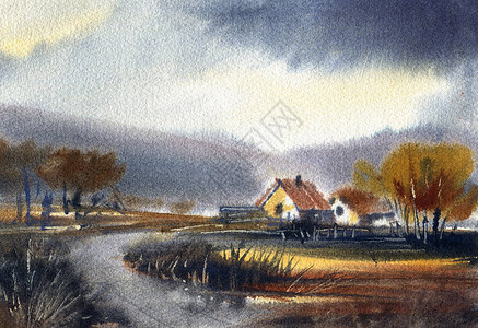 秋天的风景水彩画手绘插图图片