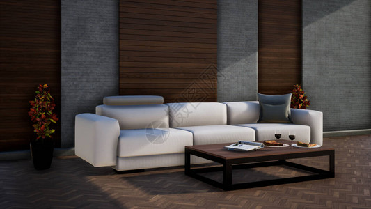 带白色真皮沙发的现代客厅内饰3D渲染背景图片