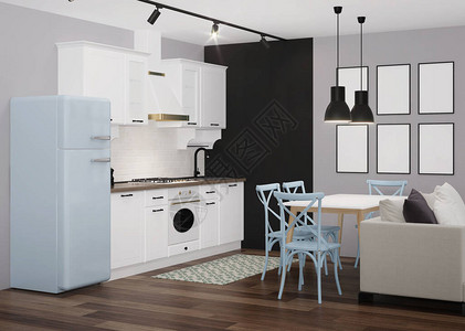 白色的经典厨房室内有蓝色冰箱和黑色粉笔图片