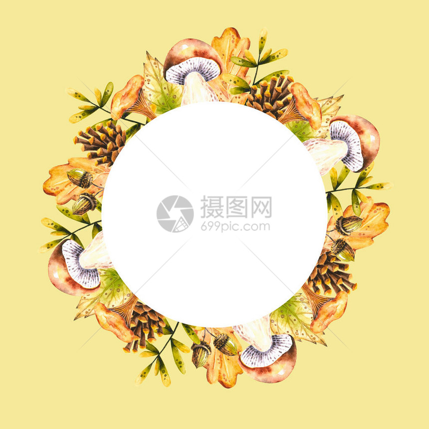 圆形框架与水彩蘑菇叶子松果橡子孤立的插图手绘秋花环图片