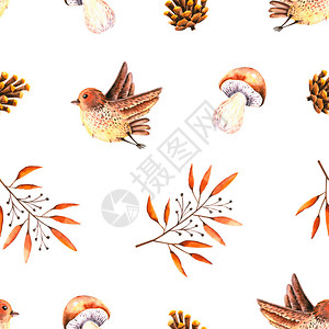 无缝图案与水彩叶子松果蘑菇鸟插图上白色孤立手绘秋季物品图片