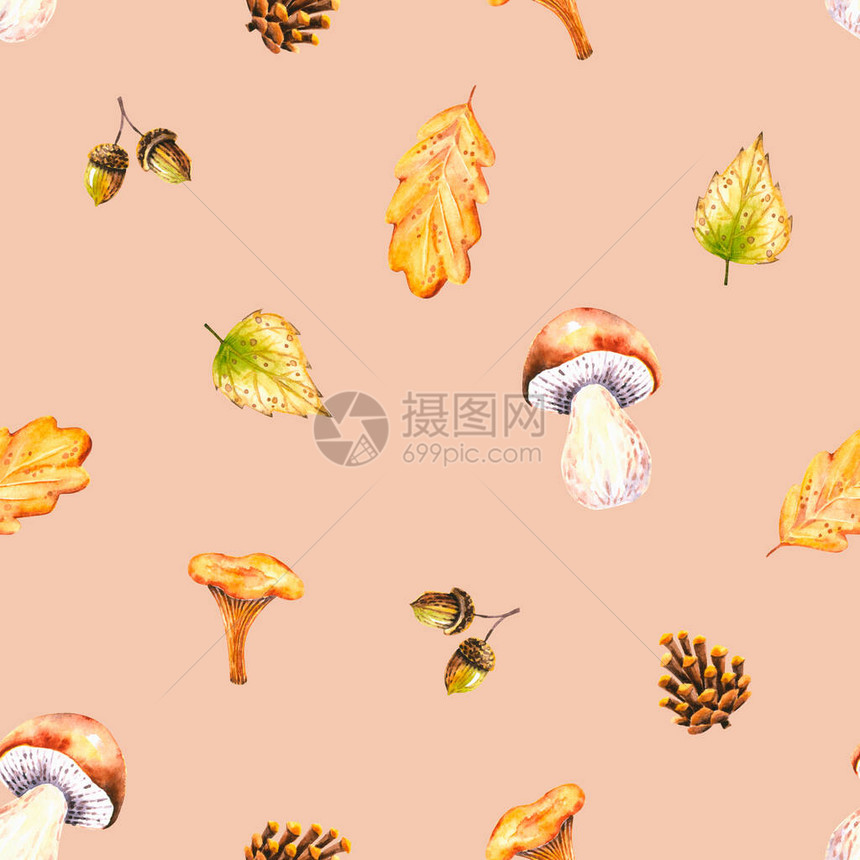 无缝图案与水彩蘑菇树叶橡子锥孤立的插图手绘秋季装饰品图片