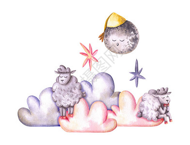 水彩睡羊云彩星月亮手绘插图在白色上被隔离非常适合幼儿园设计织物纺织品室内海报幼儿园壁背景图片