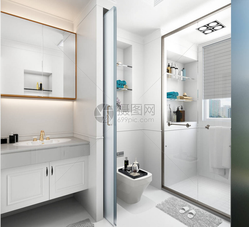 现代豪华浴室的3d渲染图片