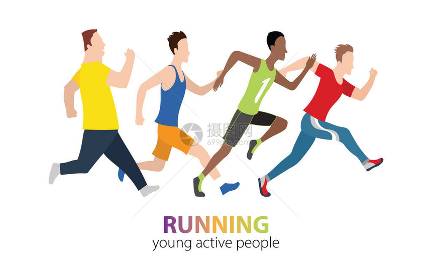 跑马拉松赛跑的人经营着多彩的海报说图片