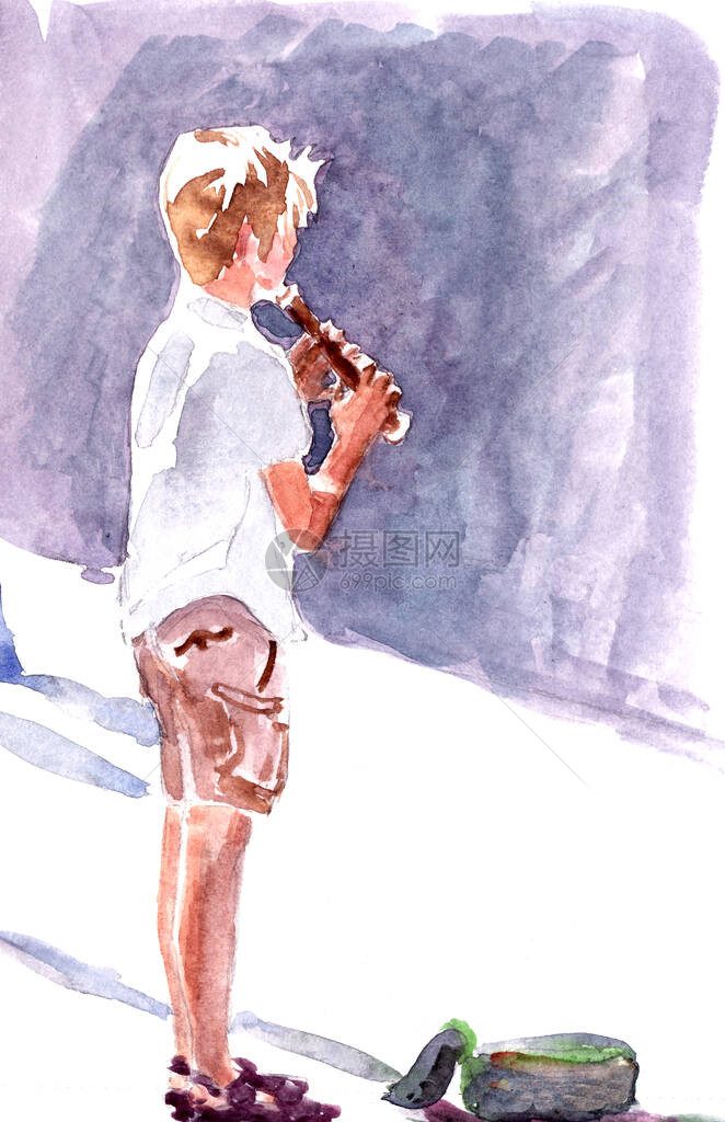 男孩在阳光线中玩笛子水彩色图片