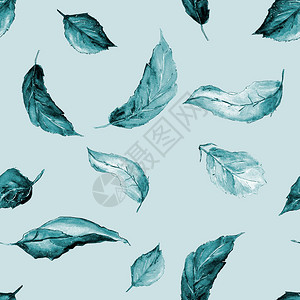 手绘水彩插图无缝模式一组不同大小的单个树叶在绿图片