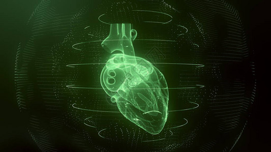 解剖学上正确的绿色数字人类心脏未来粒子心脏计算机断层扫描3D渲染4k的MRI未来疾病治疗医疗保背景图片