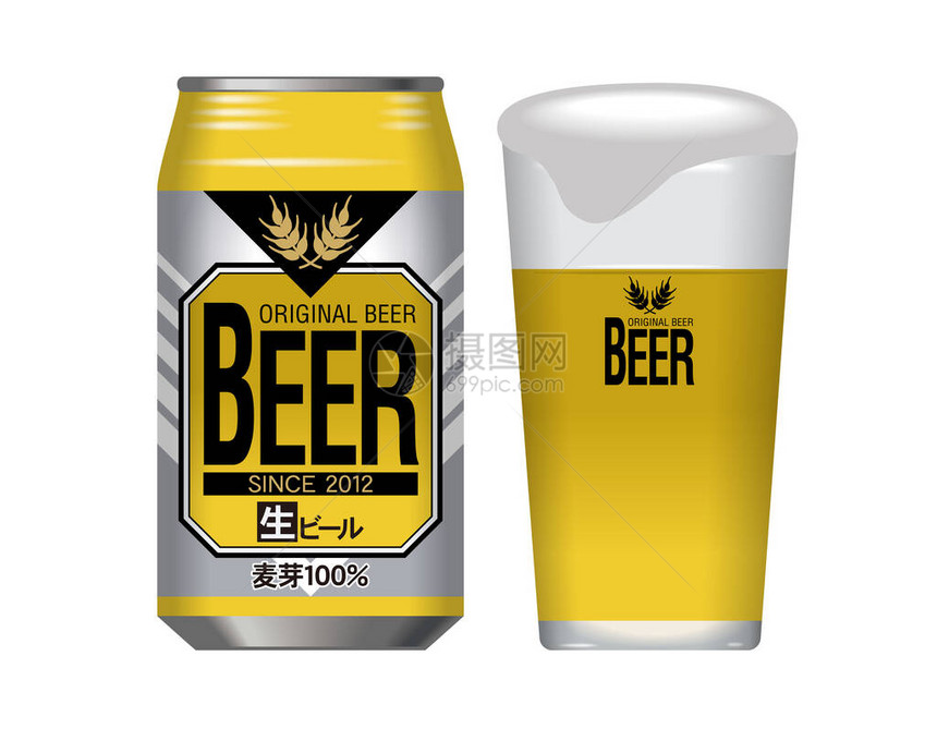罐装啤酒和装满啤酒的杯子日本人的意思是生啤酒图片